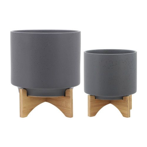 Designer × Homemade S/2 8/10" PLANTER W/ WOOD STAND, MATTE GRAY Size US L / EU 52-54 / 3 - 2 Thumbnail