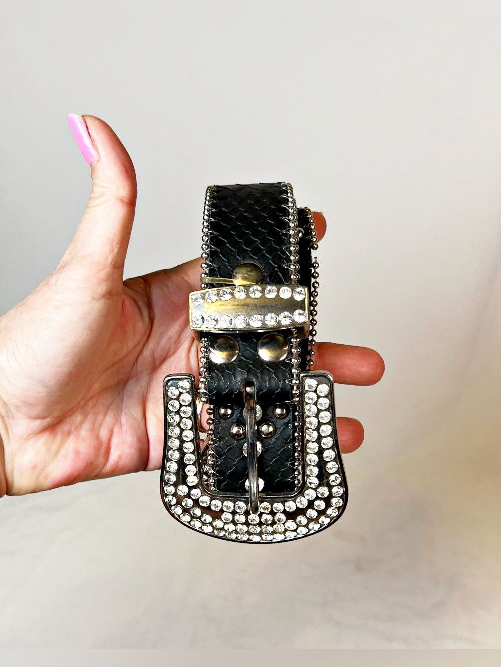 Other Black Genuine Leather Snakeskin Rhinestone Western Belt Size ONE SIZE - 3 Thumbnail