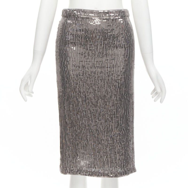 Alice + Olivia ALICE OLIVIA silver metallic sequins back slit knee length pencil skirt US0 XS Size 26" / US 2 / IT 38 - 1 Thumbnail