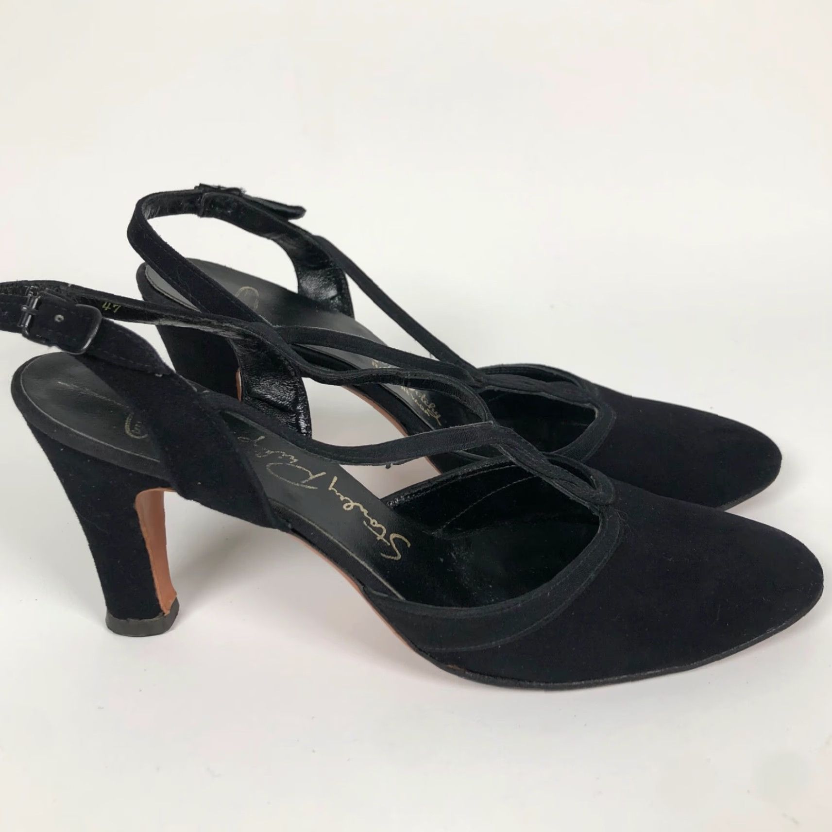 Vintage VINTAGE Stanley Phillipson Womens 7.5 AA Black Suede Slingback Heels Dress Shoes Size M / US 6-8 / IT 42-44 - 3 Thumbnail