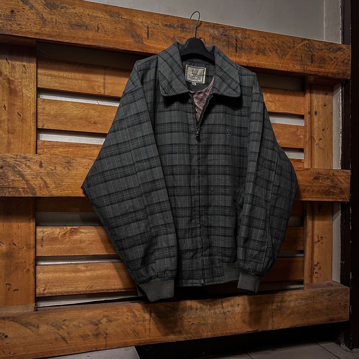 image of Vintage Valentino Plaid Harrington Jacket in Black, Men's (Size XL)