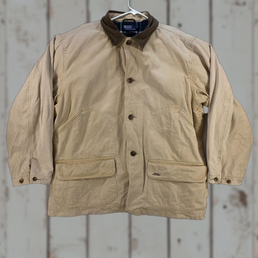 Polo Ralph Lauren VINTAGE Polo Ralph Lauren Jacket Chore Coat Canvas Tan XL Mens 90s - Corduroy Collar - Pockets - Lined - Canvas Cotton - Brown Tan - Vintage VTG 90s Size US XL / EU 56 / 4 - 1 Thumbnail