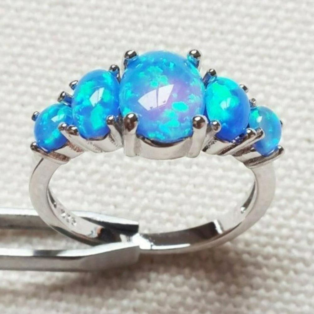 Designer 5 Blue Fire Opal Silver Cluster Multi-Stone Ring - Size 5 Size ONE SIZE - 3 Thumbnail