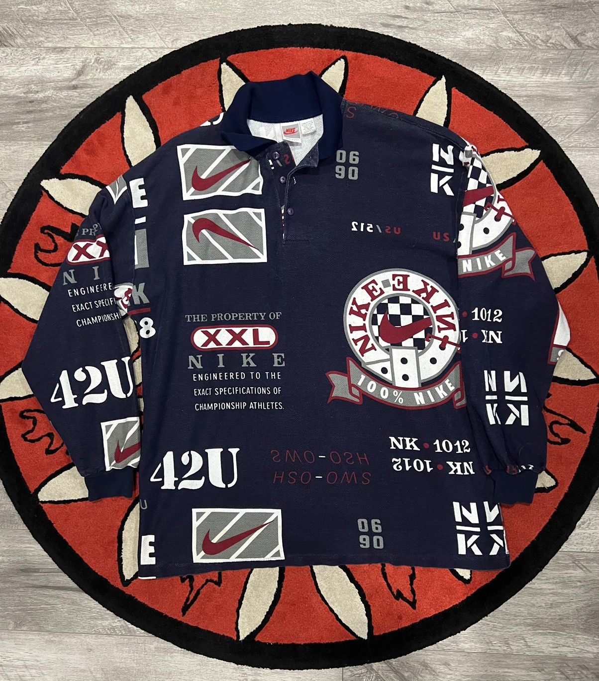 image of 80’S Nike All Over Print Long Sleeve Polo Size L in Navy, Men's