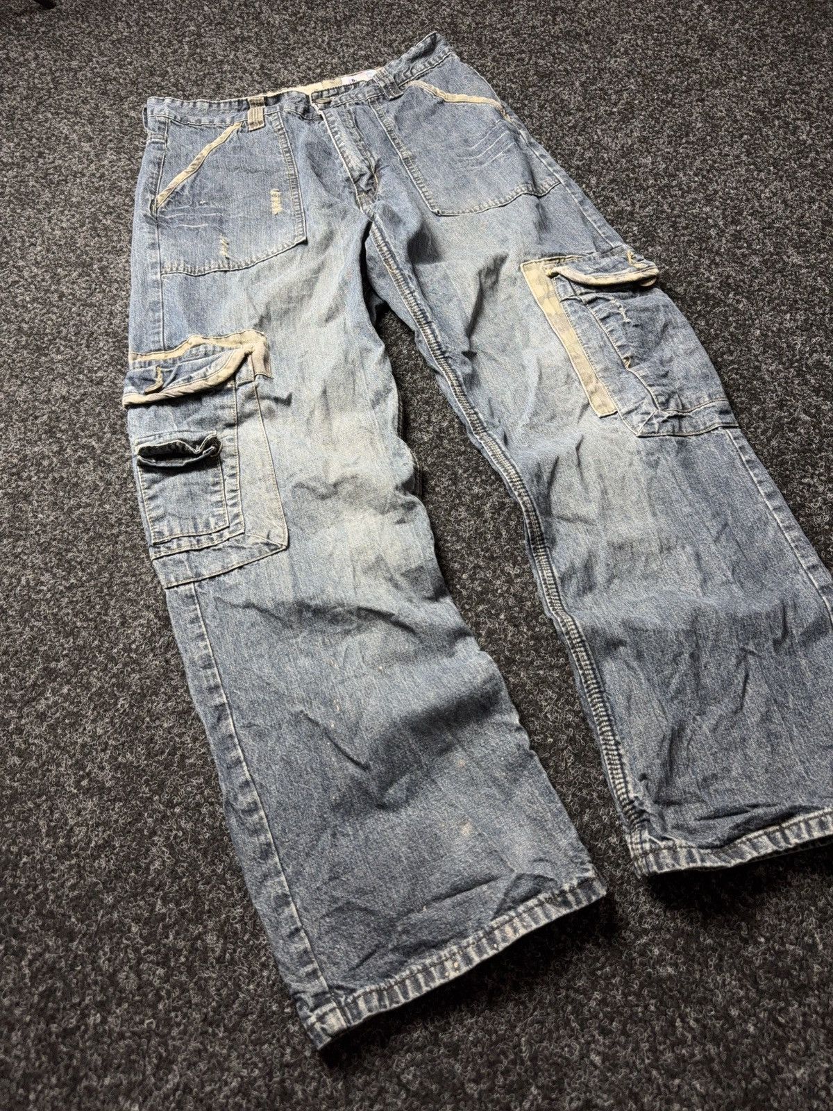 Japanese Brand Vintage 00s Denim Cargo Jeans Y2K Distressed Workwear Baggy Size US 31 - 2 Thumbnail