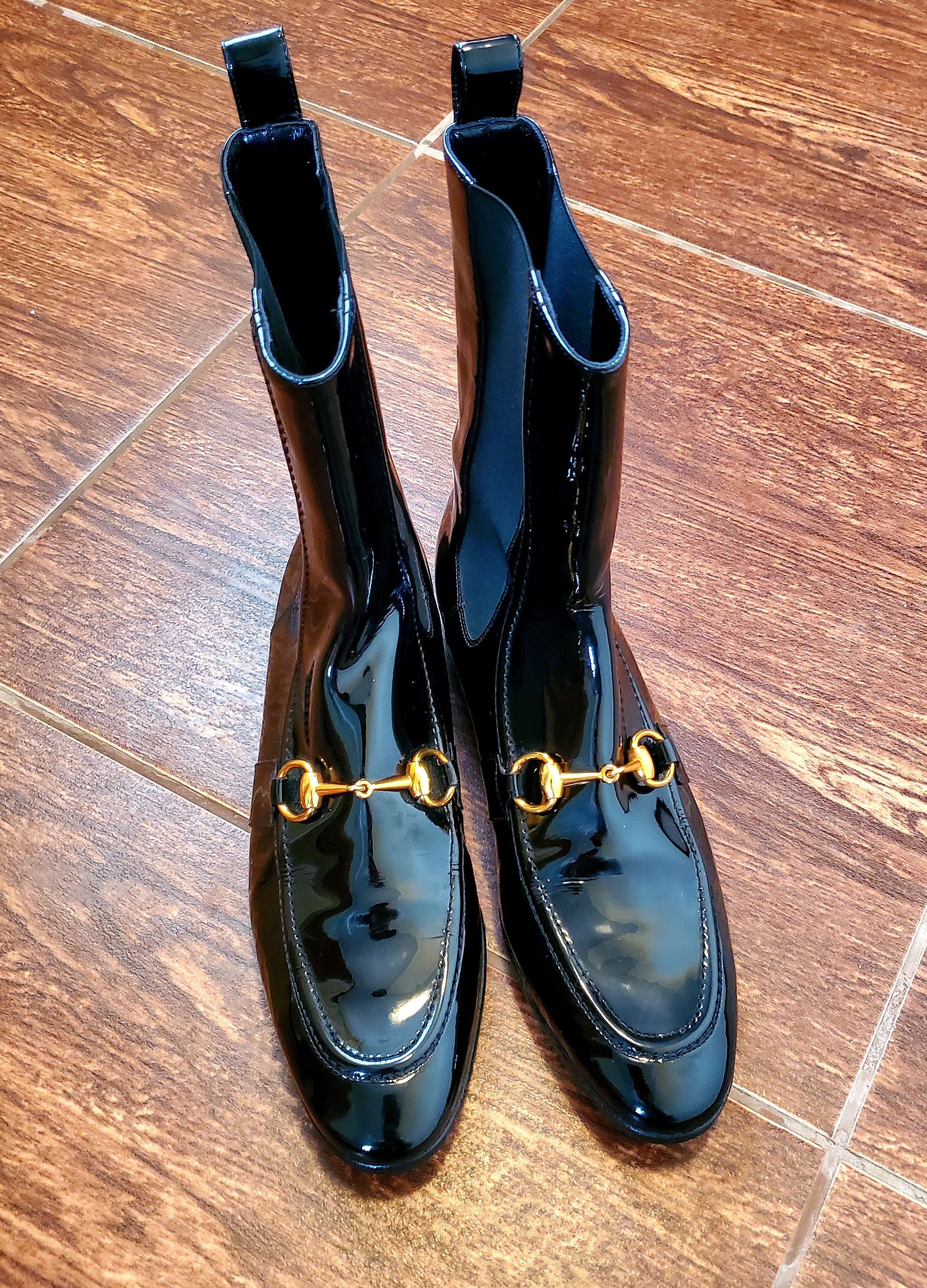 image of Gucci Patent Leather Mocassin Boots Size 39 1/2 in Black, Women's