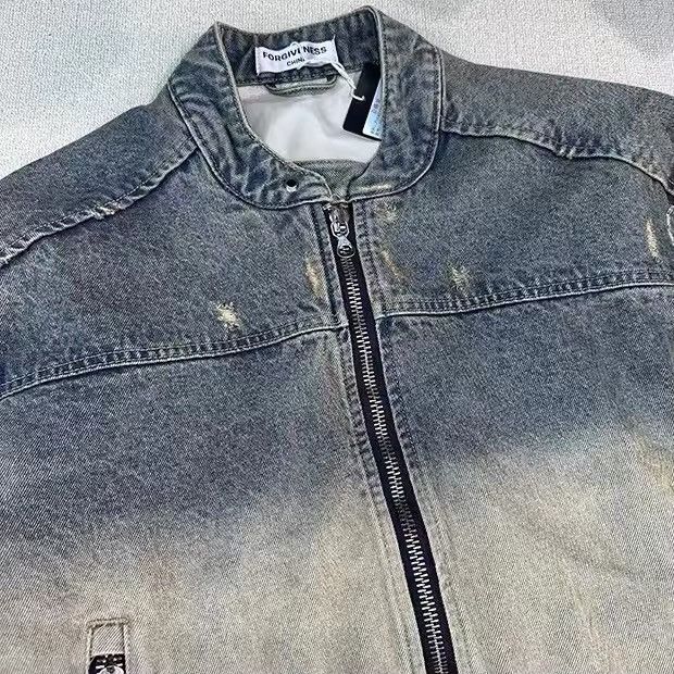Japanese Brand × Vintage Collarless wash denim motorcycle jacket Size US M / EU 48-50 / 2 - 13 Thumbnail
