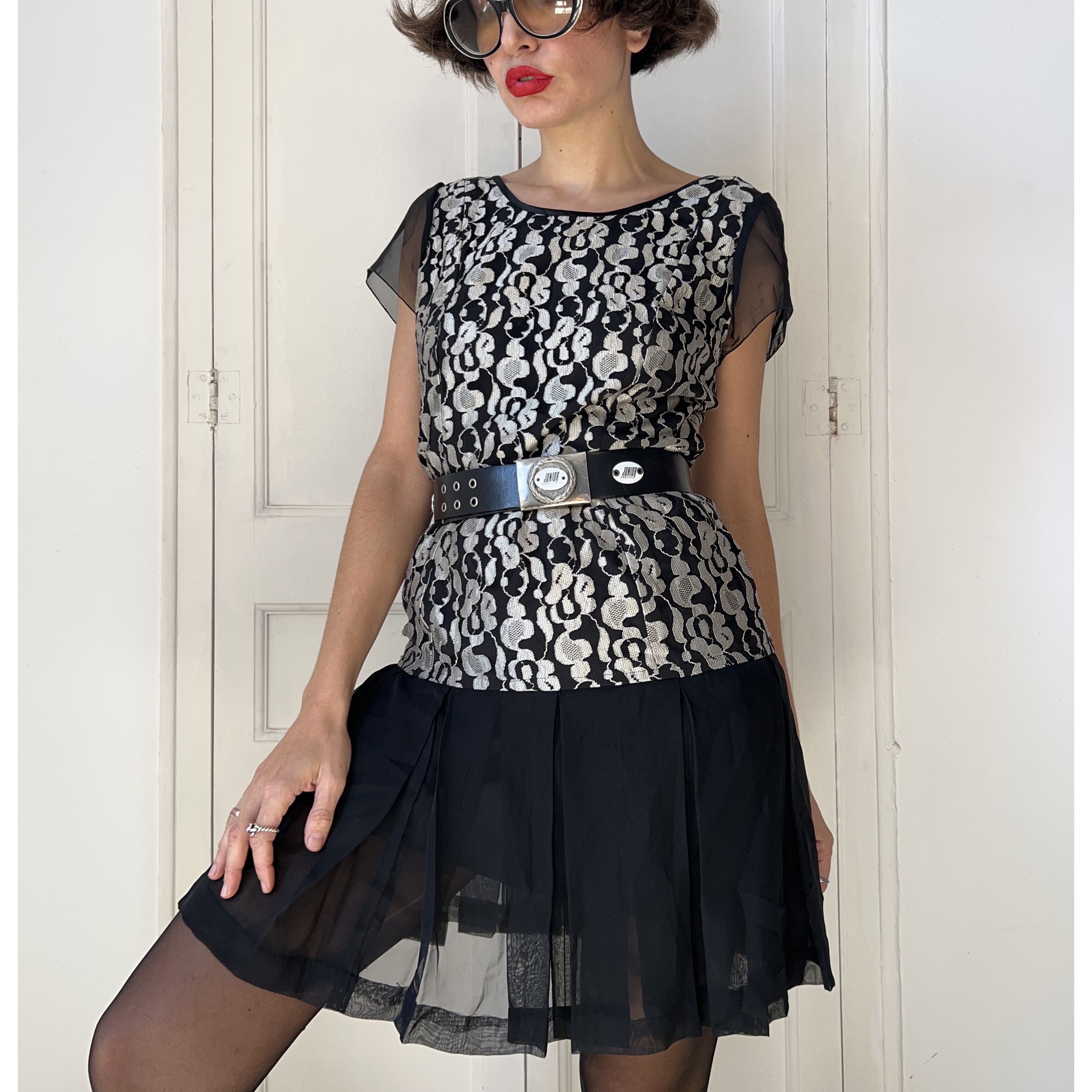 Vintage Vintage 90s Black Silver Lace Metallic Dress Size L / US 10 / IT 46 - 8 Thumbnail