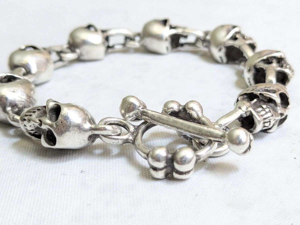 Jewelry Vintage Sterling Silver Skull Bracelet 7.5" Skeleton Mexico Size ONE SIZE - 3 Thumbnail