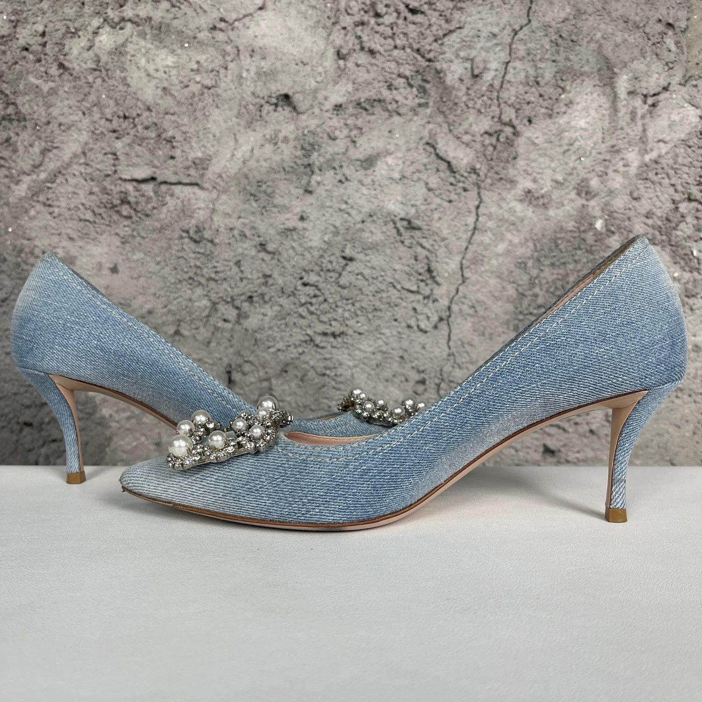Roger Vivier RV Crystal Buckle Denim Pointed-Toe Women's Heels Size US 6 / IT 36 - 6 Thumbnail
