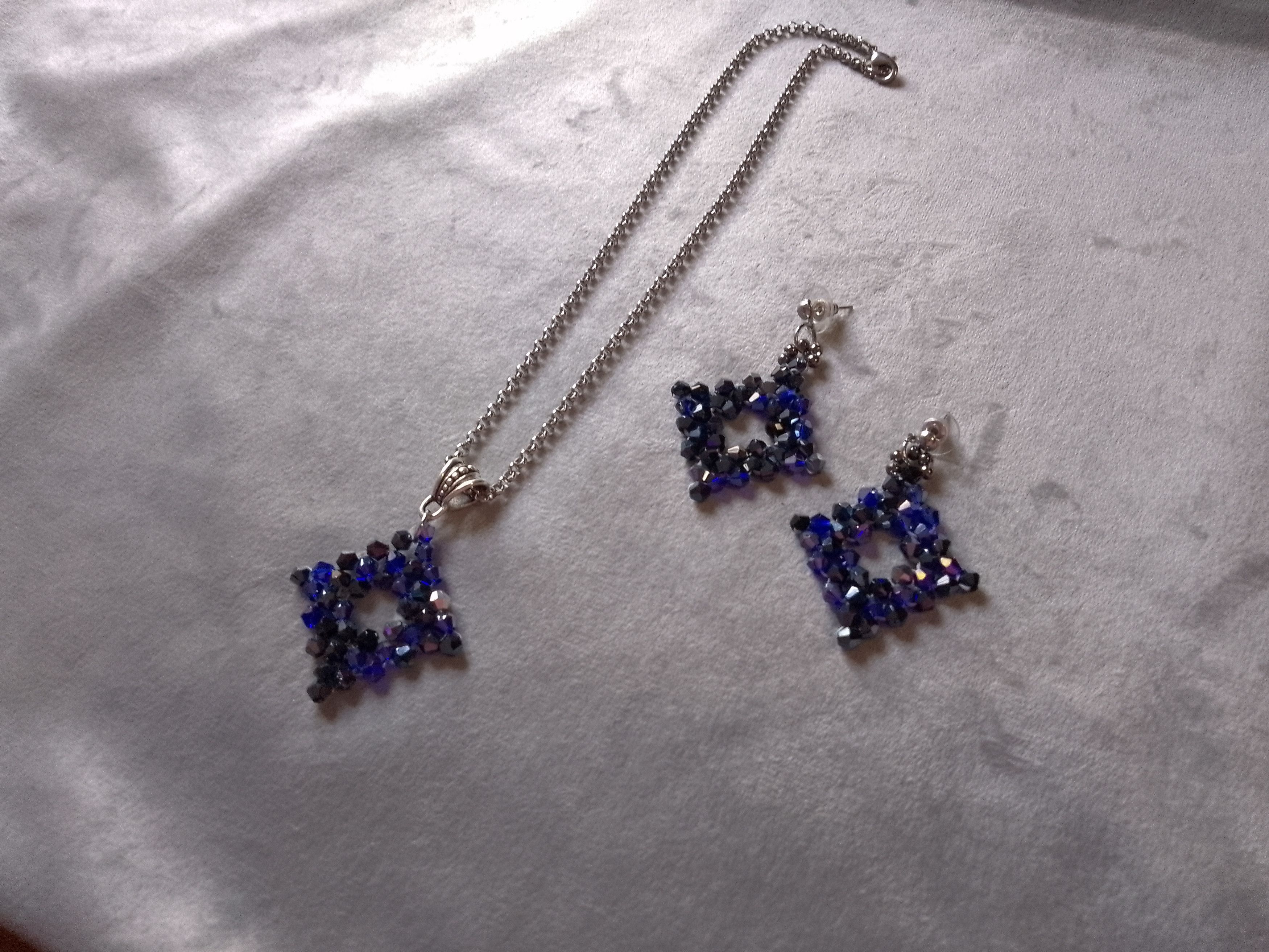 Handmade Necklace Pendant Matching Earrings. Blue Crystal. Square Size ONE SIZE - 2 Thumbnail