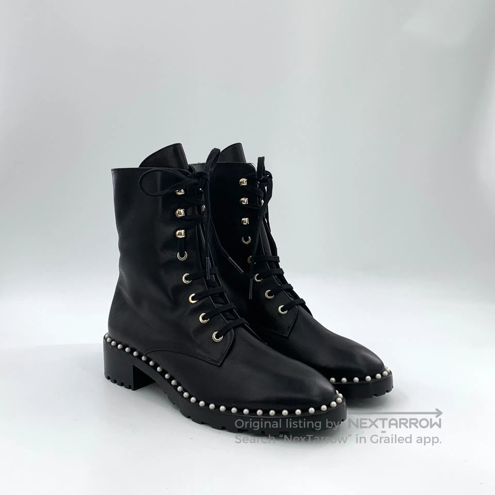 Swarovski SW Black Pearl Trimmed Laced Casual Flat Ankle Boots| Size US 5 / EU 37 - 2 Thumbnail