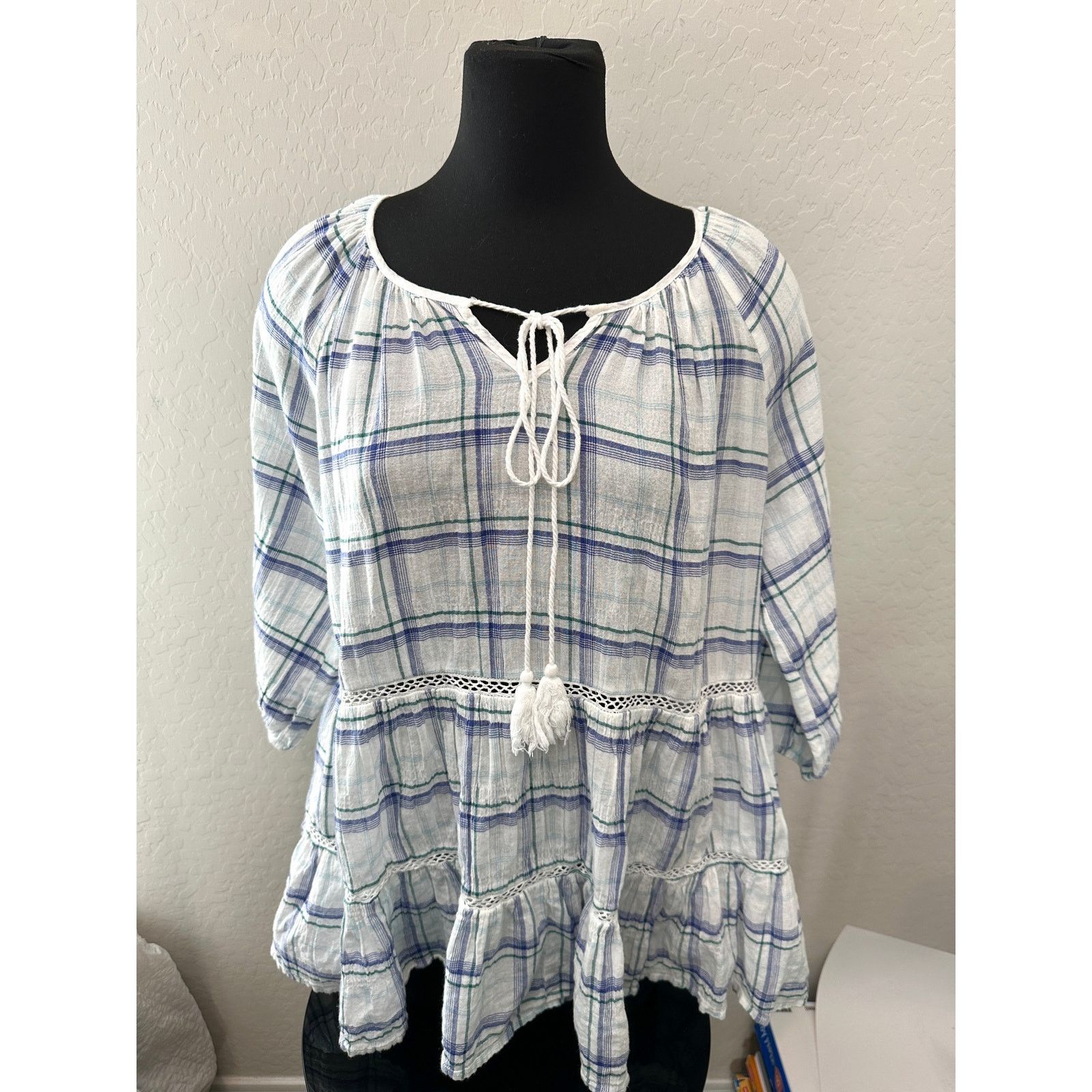 Anthropologie ANTHROPOLOGIE White Blue Plaid Peasant Cotton Tunic Blouse Size L / US 10 / IT 46 - 2 Thumbnail