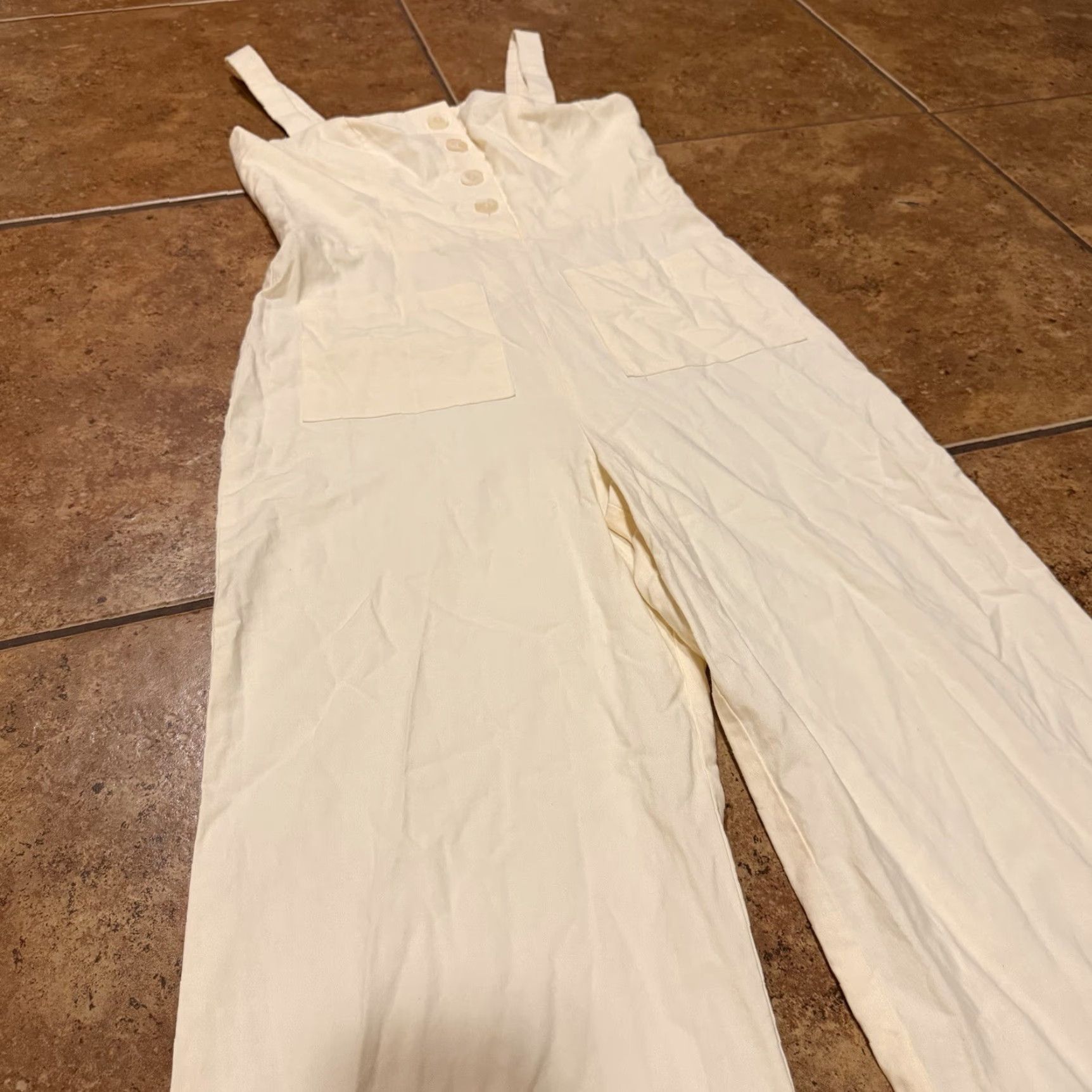 Staud Staud Jumpsuit 6 White Wide-Leg One-Piece Womens Off-White Linen Cotton Bamboo Rayon Style Jumpsuit 6 Size 28" / US 6 / IT 42 - 6 Thumbnail