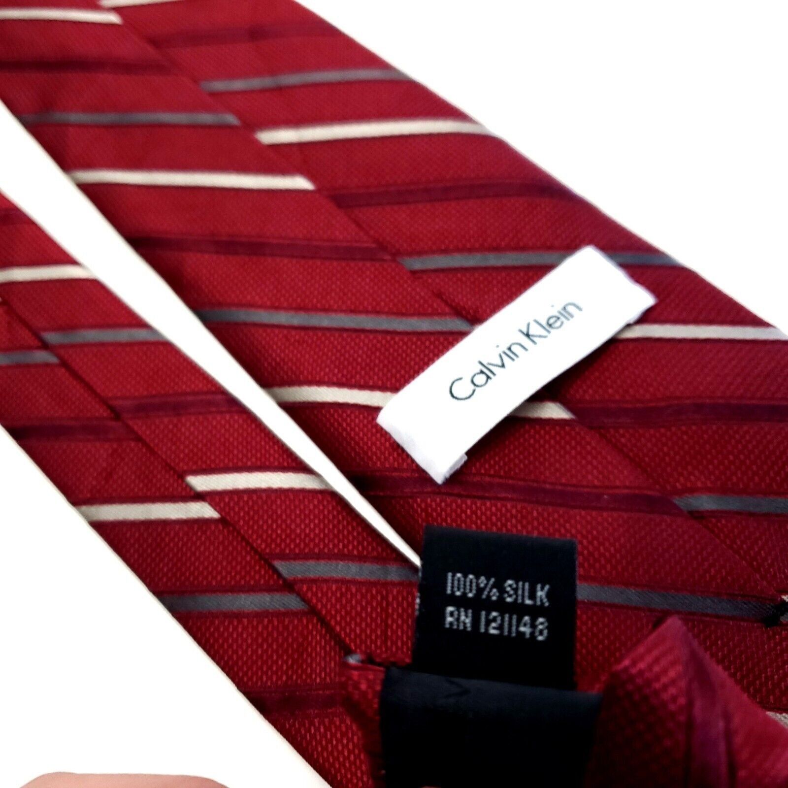 Calvin Klein Calvin Klein Red Silk Tie Woven Striped Size ONE SIZE - 5 Thumbnail