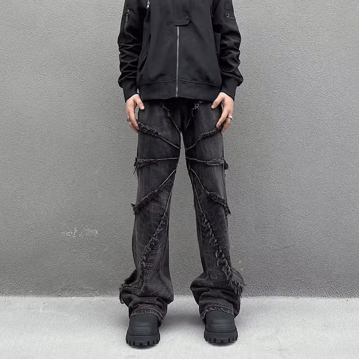 Japanese Brand × Jean Vintage black raw edge fringed wide leg jeans Size US 33 - 2 Thumbnail