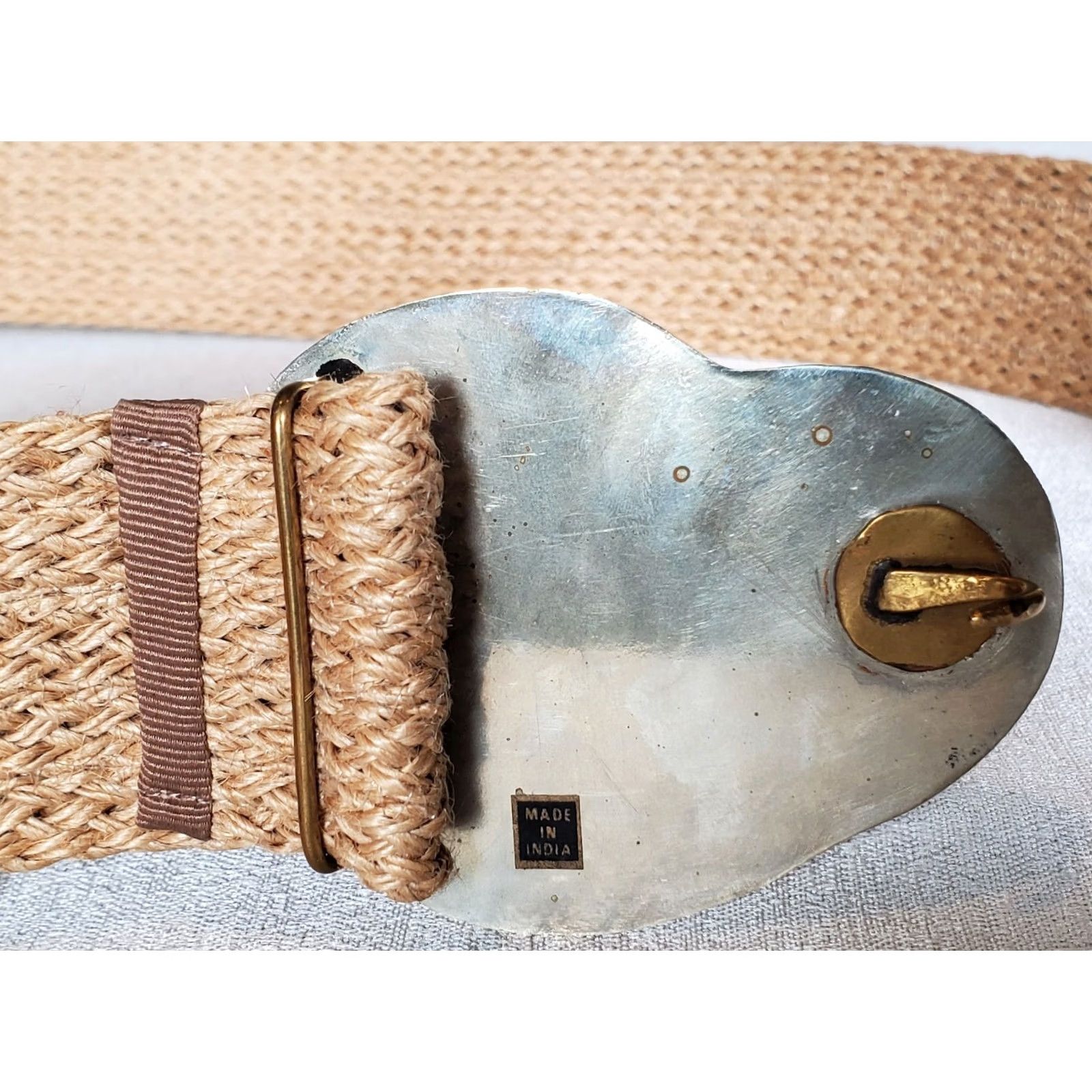 Vintage VINTAGE Boho Hippie Raffia Weave Stone Inlay Silver Metal Buckle Belt 38" Made India Size ONE SIZE - 4 Thumbnail