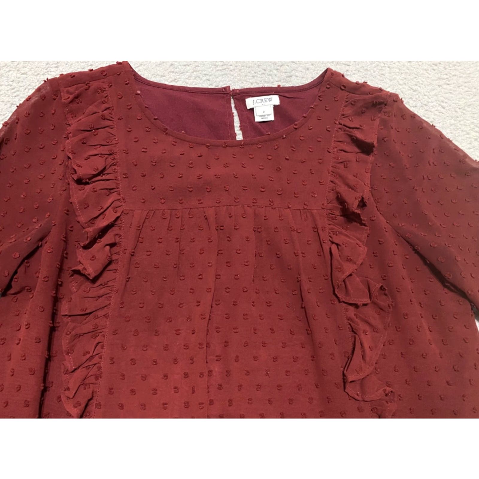 J.Crew J.CREW Shirt Red Solid Round Neck 3/4 Sleeve Lined Ruffle Womens Size 2 Casual Blouse Size XS / US 0-2 / IT 36-38 - 3 Thumbnail