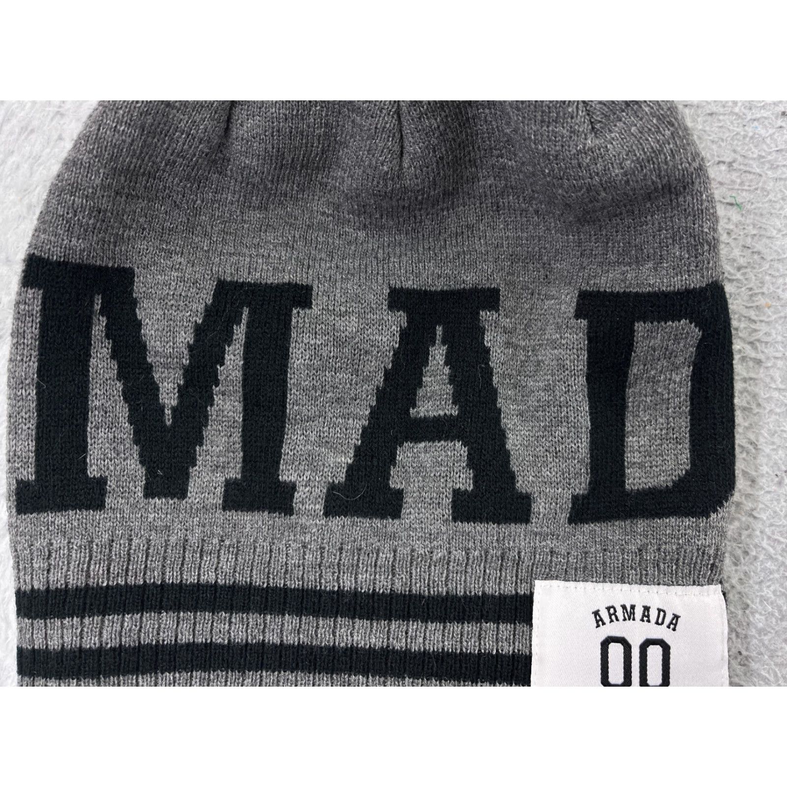 Vintage Armada Beanie Hat Adult One Size Gray Black Knit 100% Acrylic Pom Snow Striped Outdoor Ski Mens Size ONE SIZE - 3 Thumbnail
