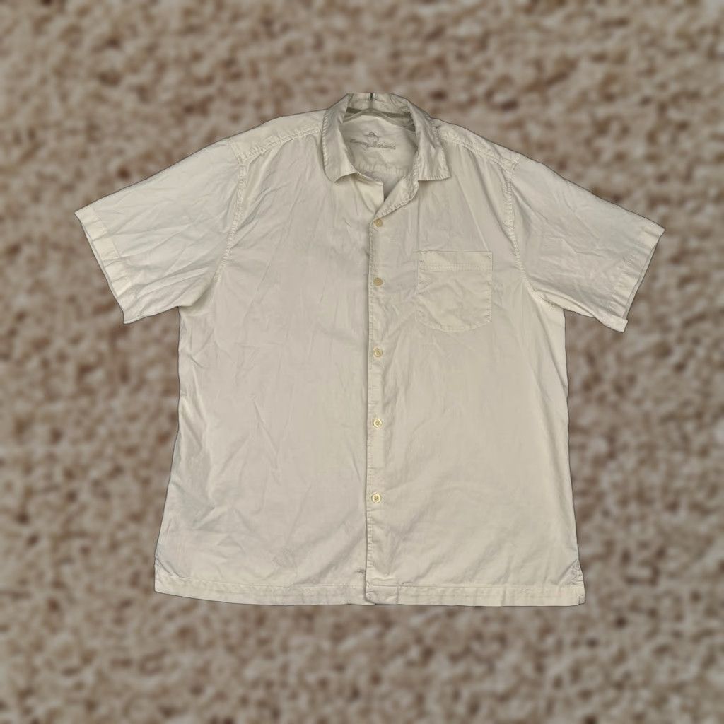 Tommy Bahama Shirt Men Large Ivory 100% Silk Button Up Hawaiian Camp Pocket Short Sleeve Relaxed Solid Aloha Beach Resort Vacation Men