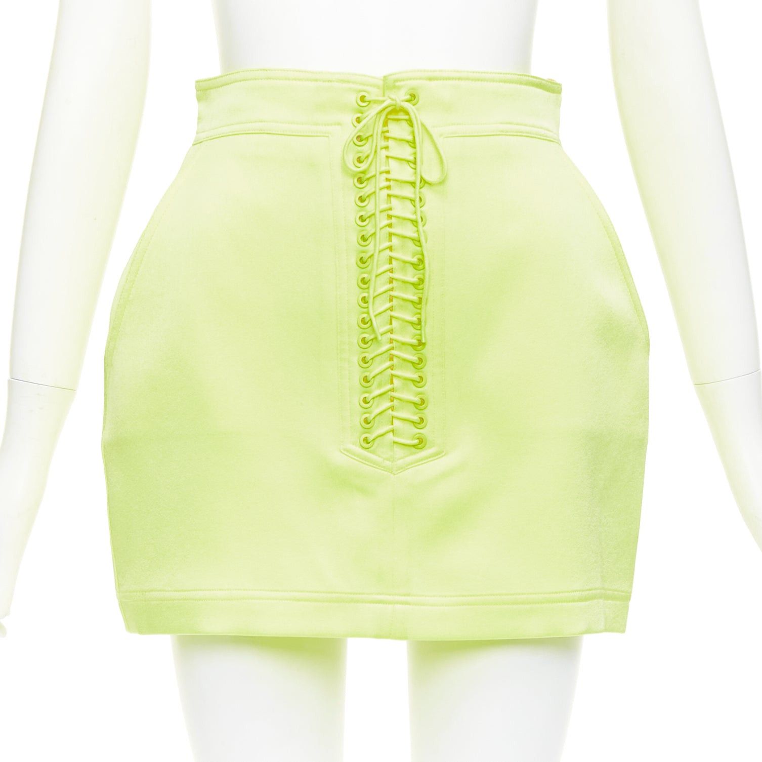 Alex Perry ALEX PERRY Spence neon yellow satin lace up rounded mini skirt UK6 XS Size 26" / US 2 / IT 38 - 1 Thumbnail