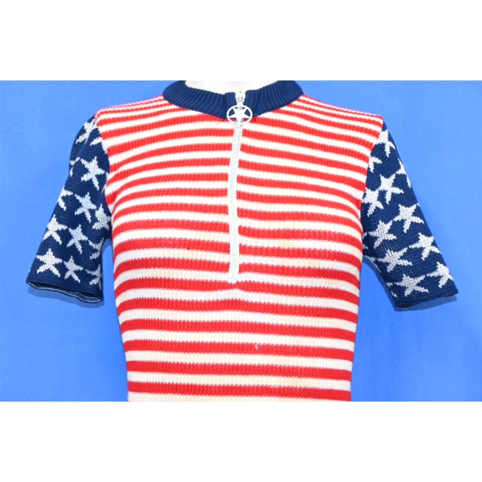 image of Vintage VTG 70's Red White Blue Stars & Stripes Usa Flag Knit Zip-Up Women's Shirt Xs