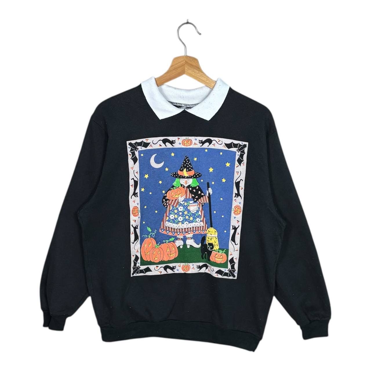 Vintage Vtg 90s Halloween Witch Cat Pumpkin Sweatshirt Double Sided Size US M / EU 48-50 / 2 - 1 Thumbnail
