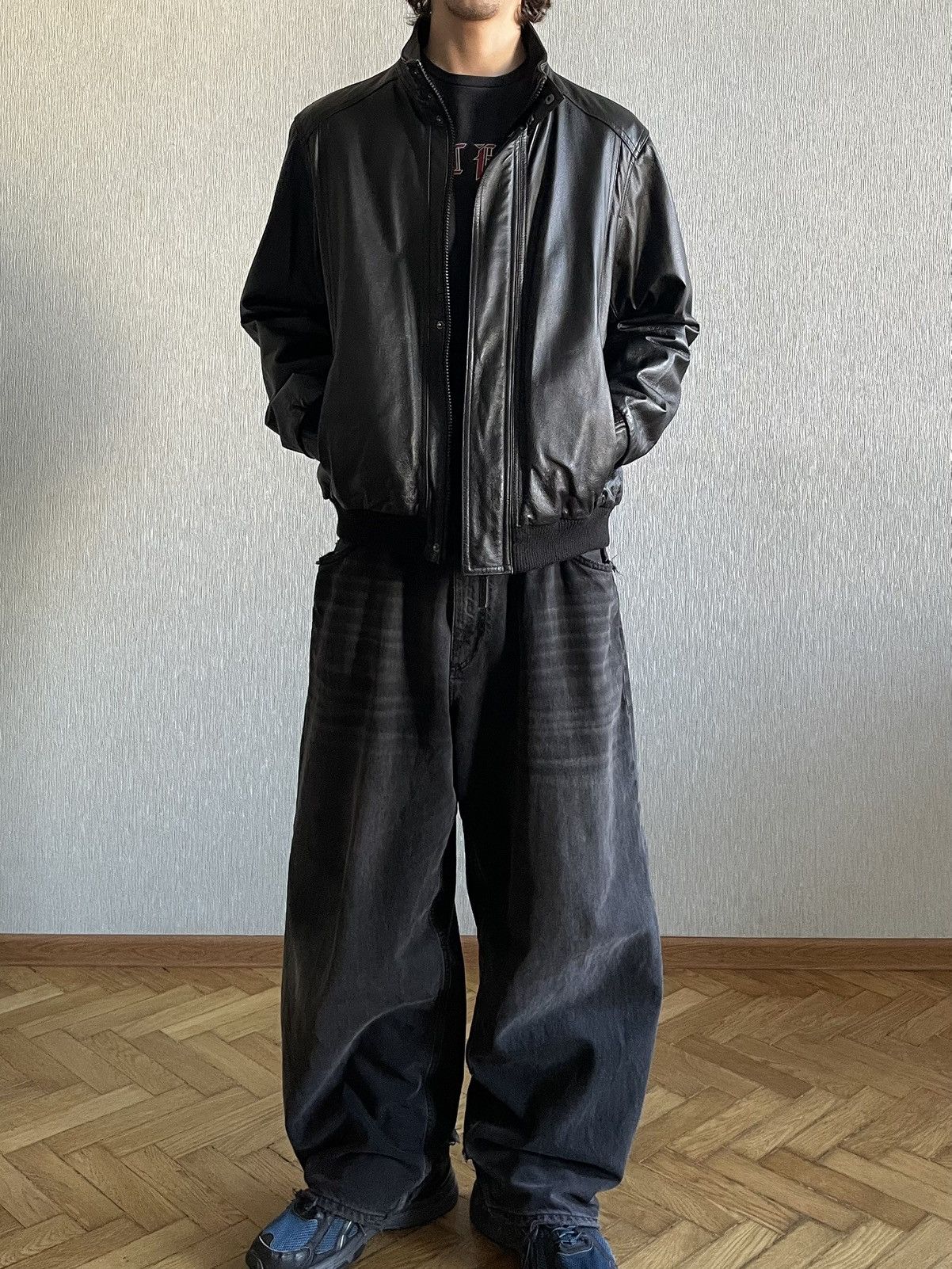 Marks & Spencer Black Leather Bomber / A Jacket Size US XL / EU 56 / 4 - 6 Thumbnail
