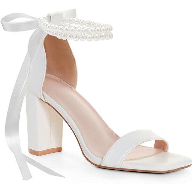 Other Womens 9.5 White Pearl Ribbon Block Heel Wedding Shoes Size US 9.5 / IT 39.5 - 1 Thumbnail