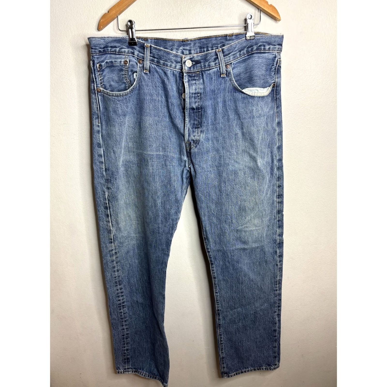 Levi's Levis 501 Jeans Mens 34x30 Blue Denim Button Fly Red Tab Distressed Vintage Style Straight 5-Pocket Copper Rivets Size US 32 / EU 48 - 5 Thumbnail