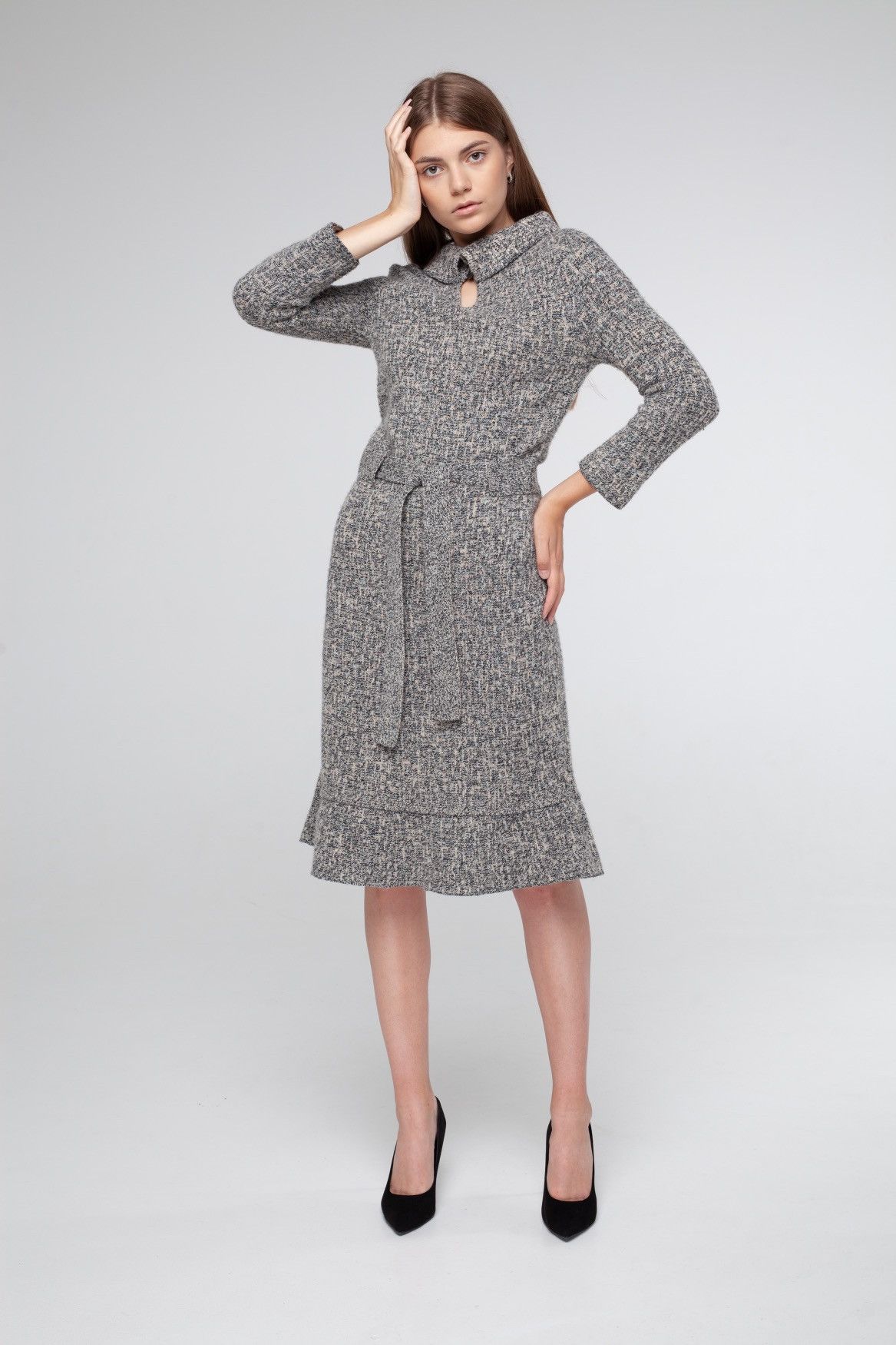 image of Vintage Christian Dior Woollen Mid-Length Dress in Grey, Women's (Size Small)