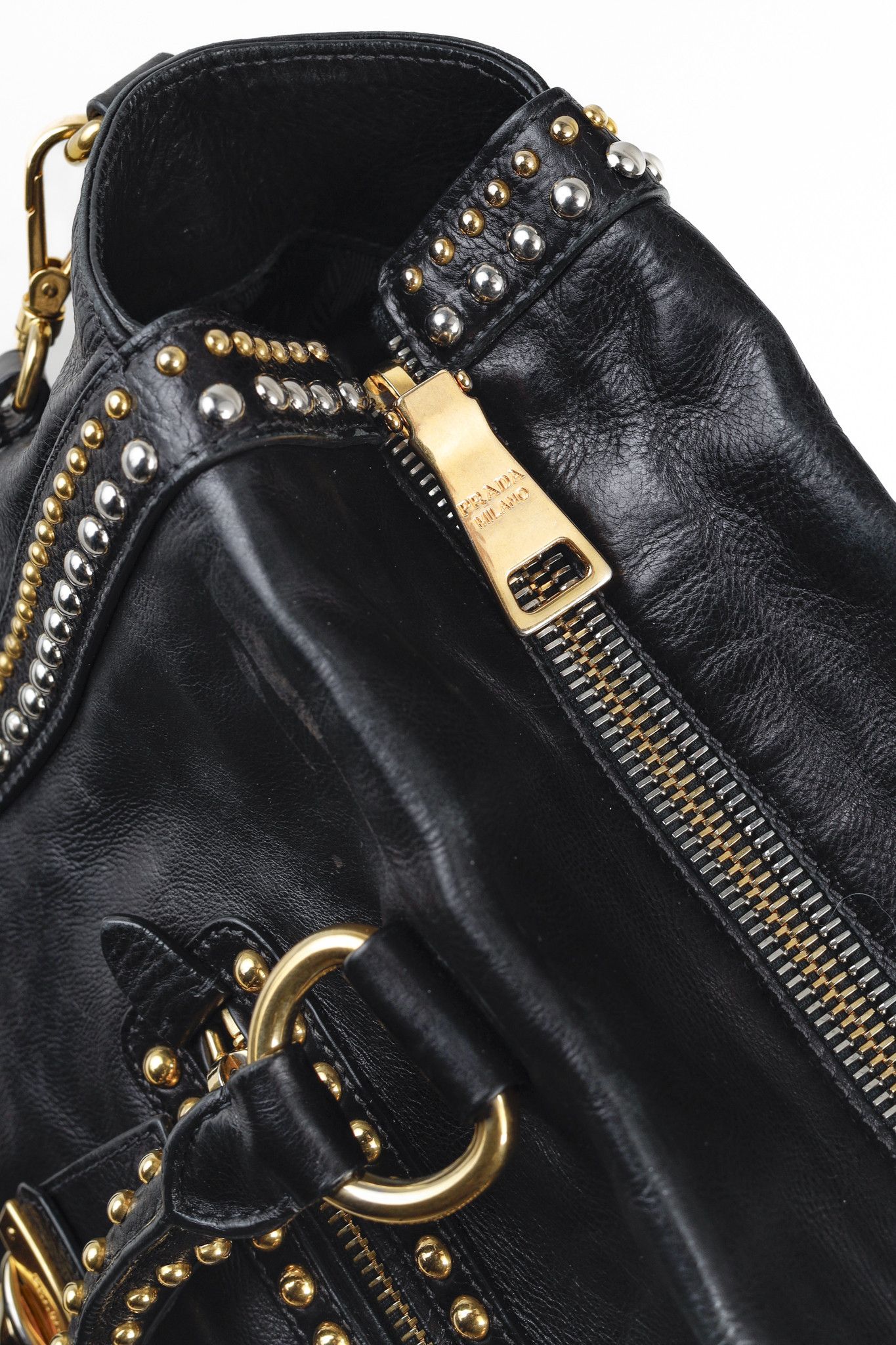 Prada Prada Craquele Nero Glace Calf Leather Studded Shopper Tote Size ONE SIZE - 15 Thumbnail