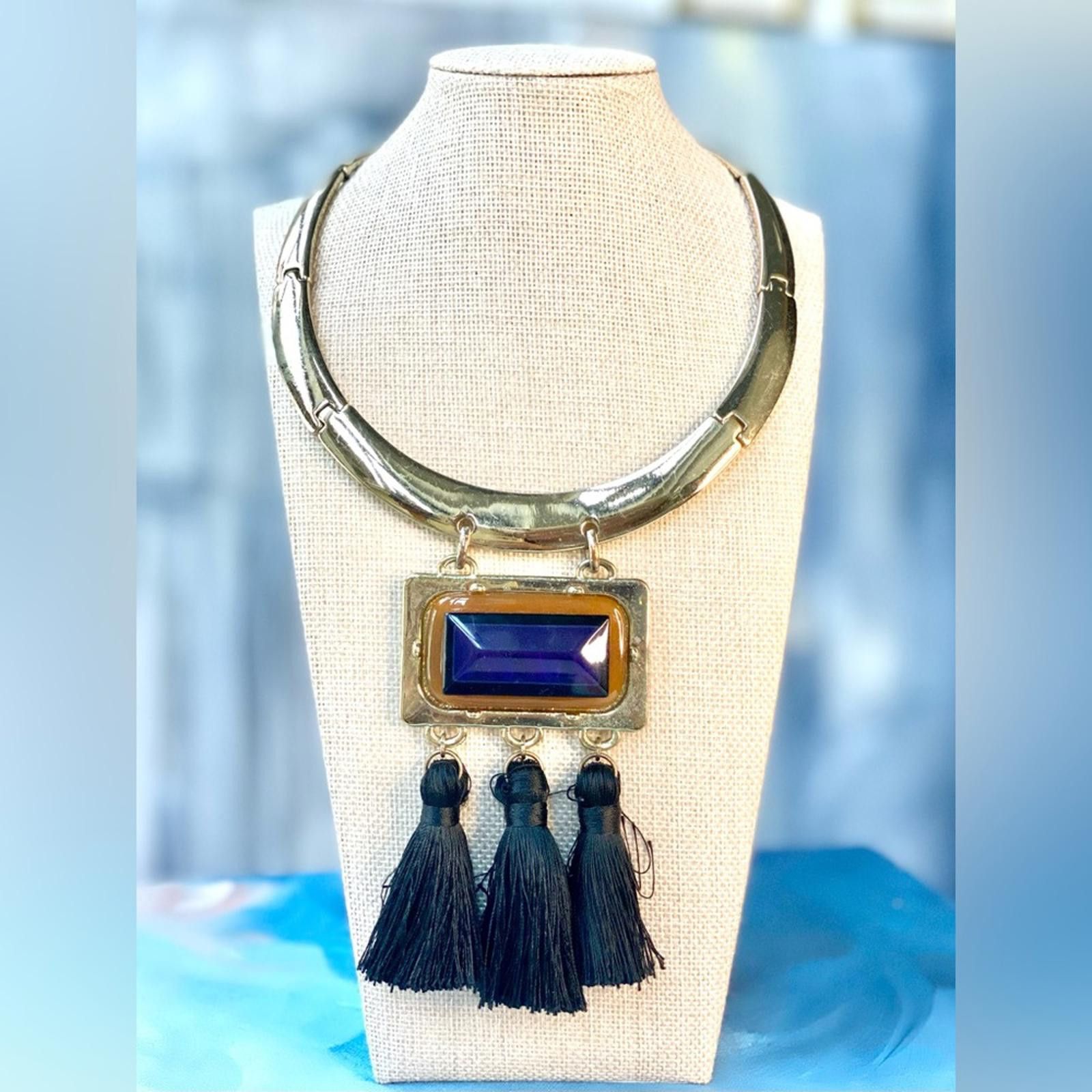 Chicos Chico’s Statement Collar Necklace Blue Stone Tassel Pendant Size ONE SIZE - 1 Thumbnail