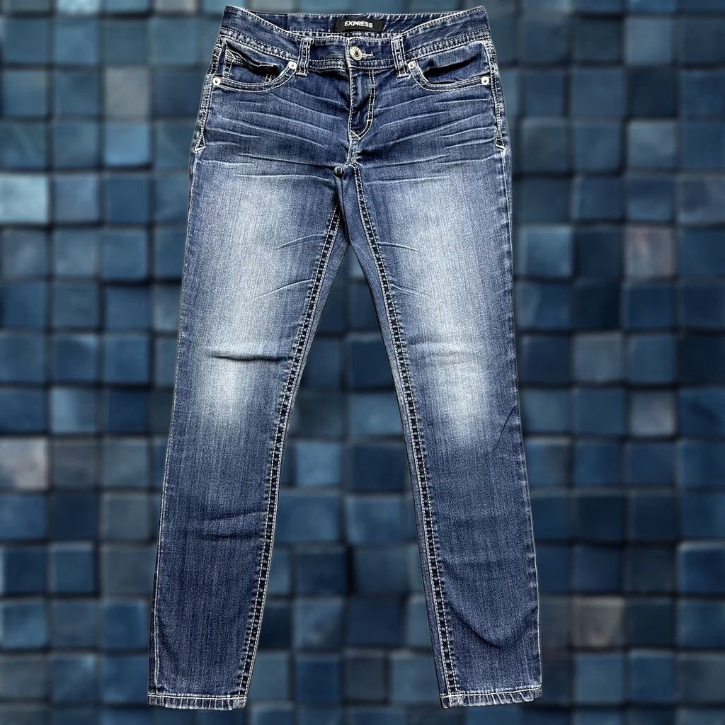 Express Express Jeans Womens 6 Blue Denim Legging Low Rise Stretch Whiskered Size 28" / US 6 / IT 42 - 1 Thumbnail