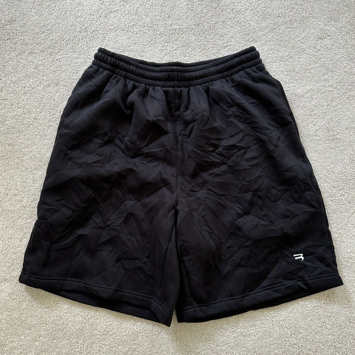 image of Balenciaga Wrinkle Sporty B Shorts in Black, Men's (Size 30)