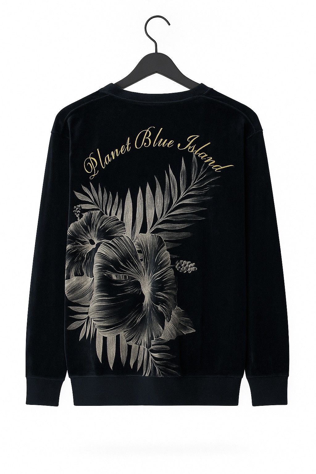 Vintage Planet Blue Island Black Velour Tropical Hibiscus