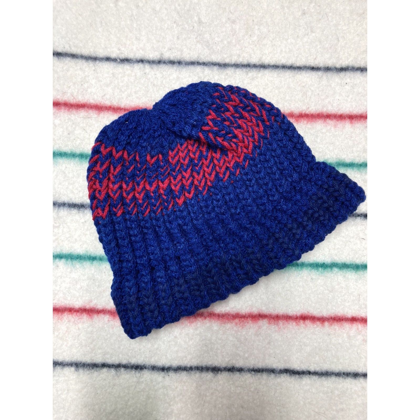 Vintage Crochet knit beanie hand made red blue custom cap snow toboggan soft adult Beanie Women One Size Red Blue Knit Crochet Accessories Size ONE SIZE - 2 Thumbnail