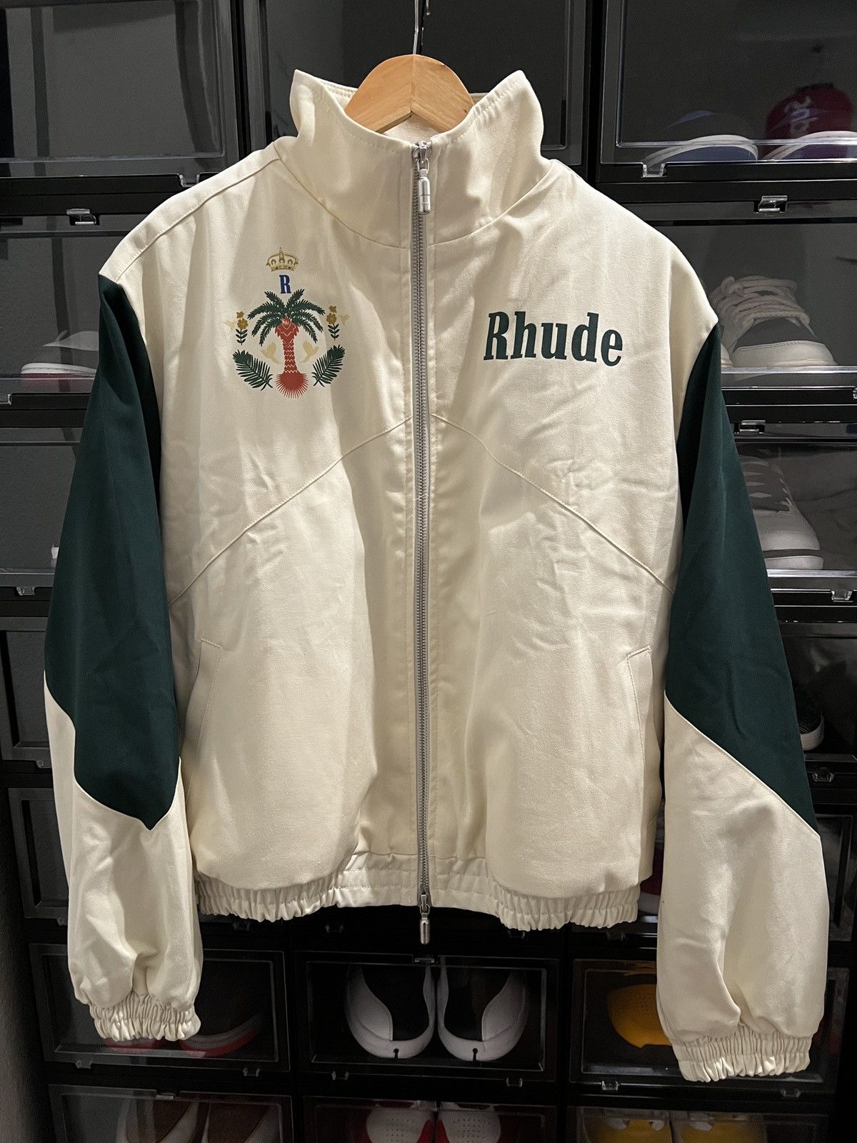 image of Rhude Palm Logo Flight Jacket Xs Crème/hunter Green Ss22 in Beige, Men's