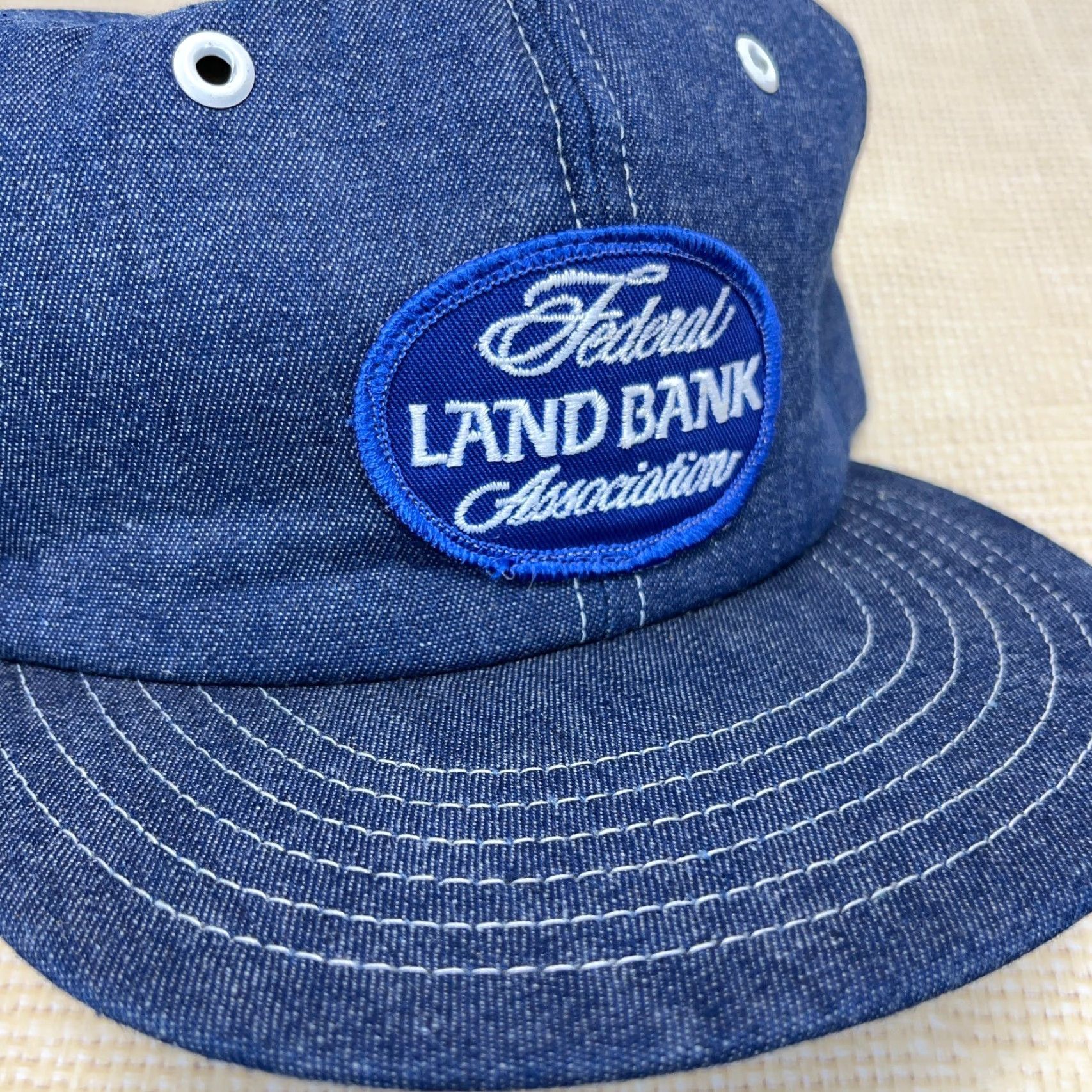 Vintage VINTAGE Denim Trucker Hat Cap USA 80s Federal Land Bank Patch Snapback Blue Cotton Denim Hat Mens One Size Adjustable Size ONE SIZE - 4 Thumbnail