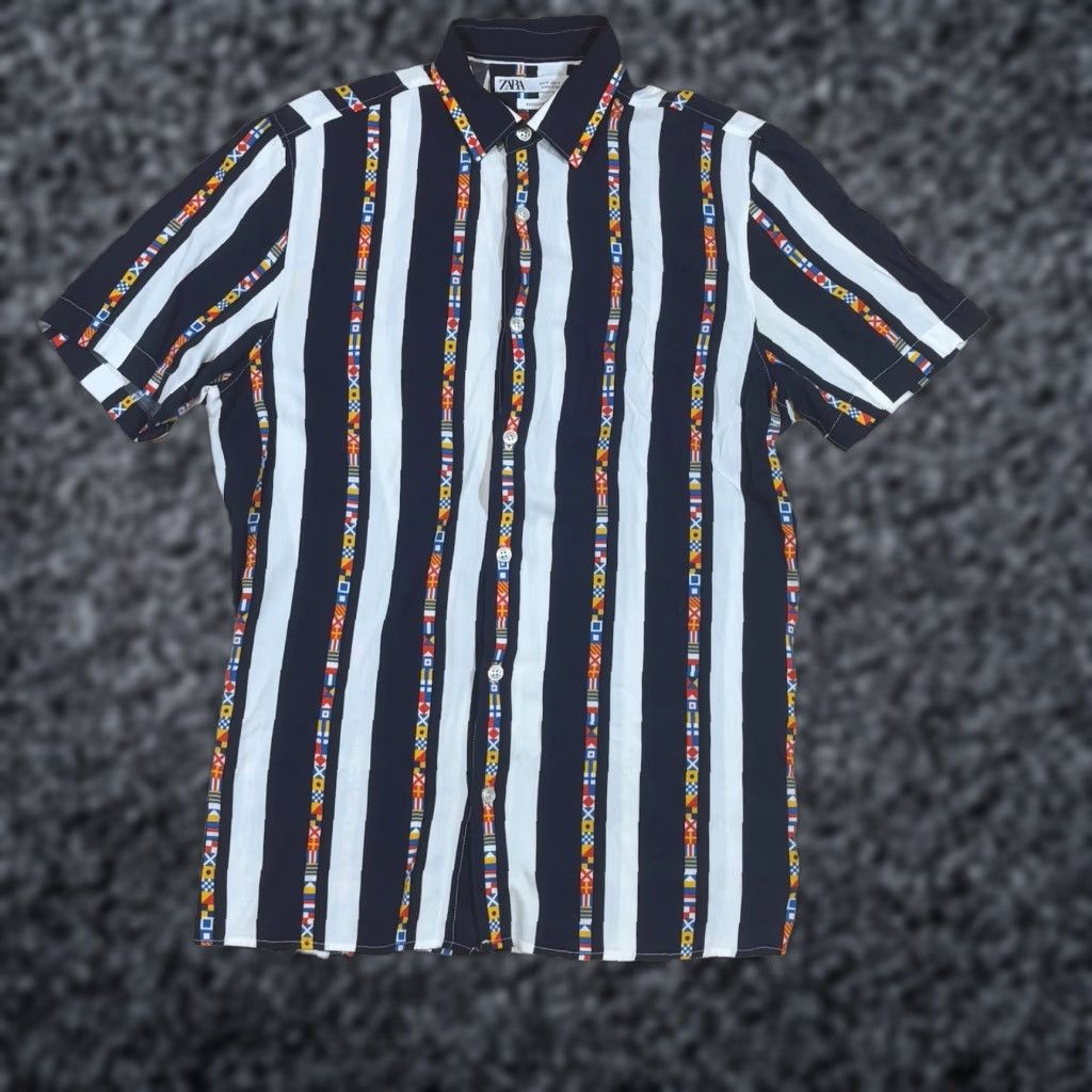 Zara Zara Button Shirt Mens Small Regular Fit Striped Blue White Flag Print Shirt Size US S / EU 44-46 / 1 - 1 Thumbnail