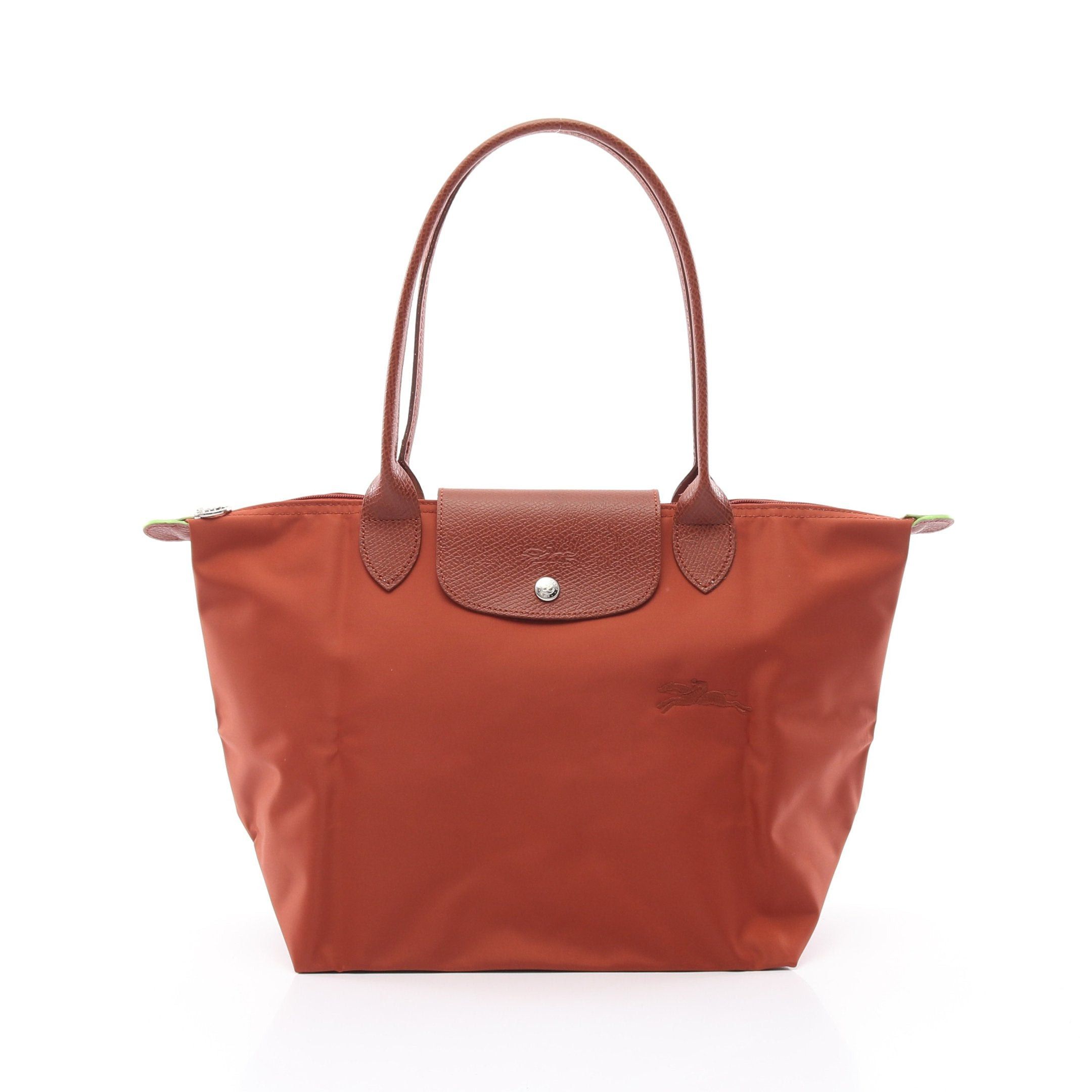 Longchamp Le Preage Green M Shoulder Bag Tote Canvas Leather Orange Brown, Women's