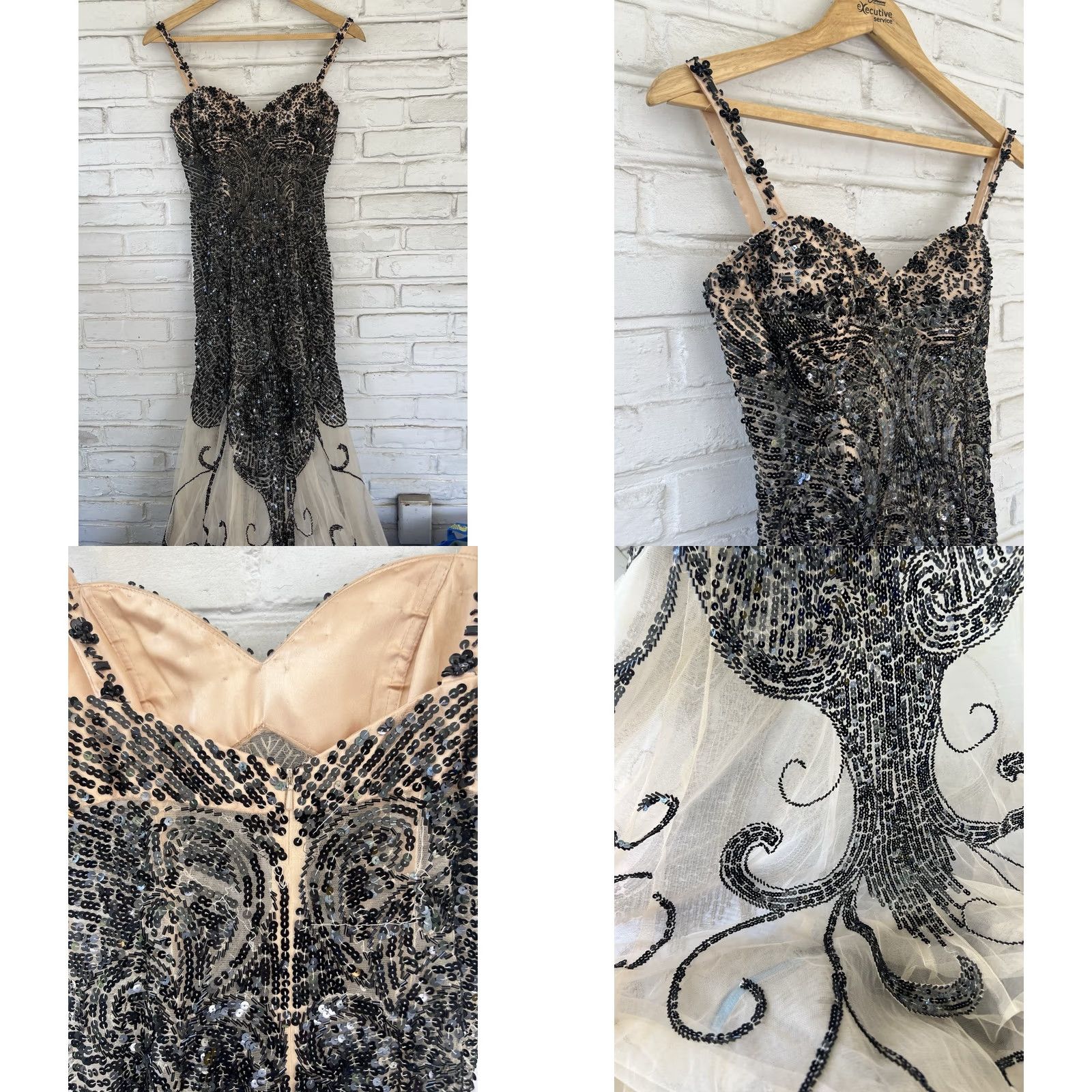 Vintage Jasz Couture Formal Mermaid Sleeveless Beaded Black Gown 4 - Red Carpet, Deep V-Neck, Lace Up, Long Dress, Women Size S / US 4 / IT 40 - 8 Thumbnail