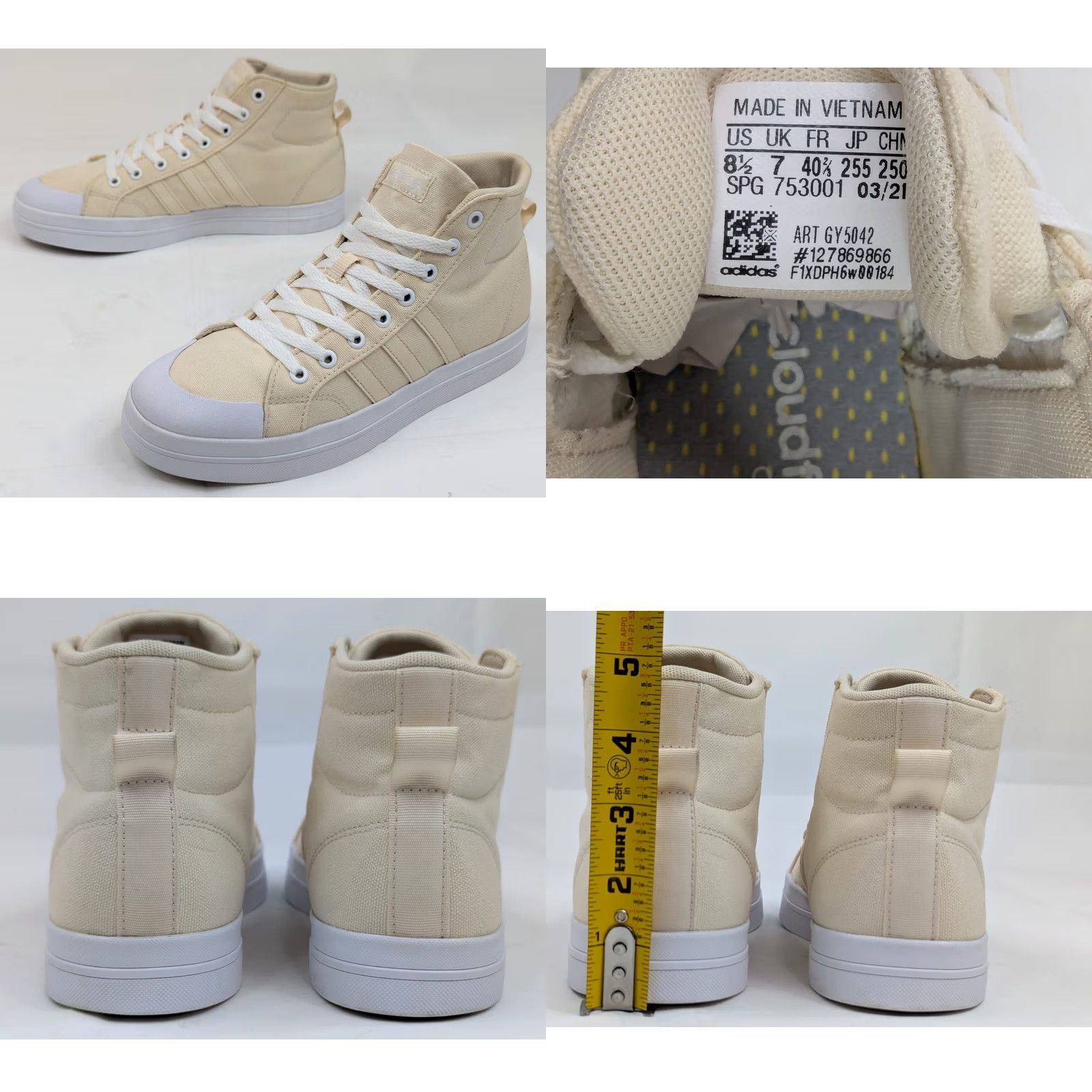 Adidas Adidas Bravada Ivory Canvas Mid Top Sneaker Women 8.5 – Cloudfoam Skate Style, EUC Size M / US 6-8 / IT 42-44 - 8 Thumbnail