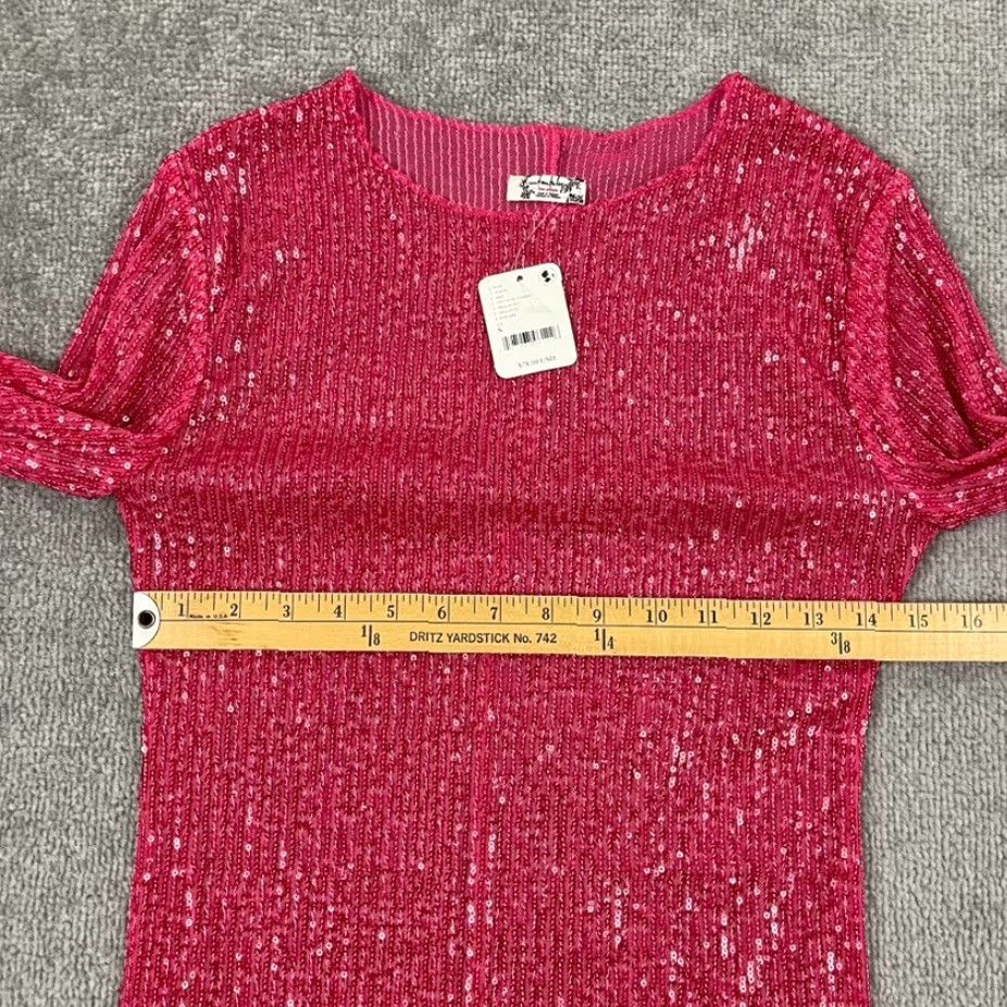 Free People FREE PEOPLE Shirt Womens Small Hot Pink Combo Sequin Sparkle Long Sleeve Party Casual Blouse Size S / US 4 / IT 40 - 5 Thumbnail