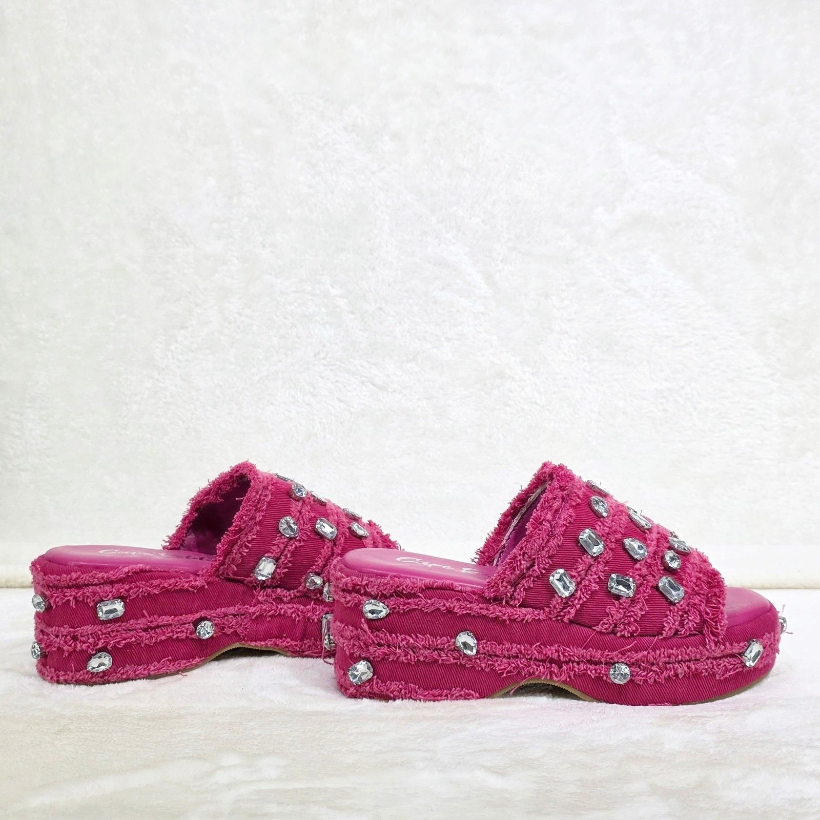 Other Hipster Denim Distressed Frayed Trim Rhinestone 2" Flatform Size US 6.5 / IT 36.5 - 3 Thumbnail