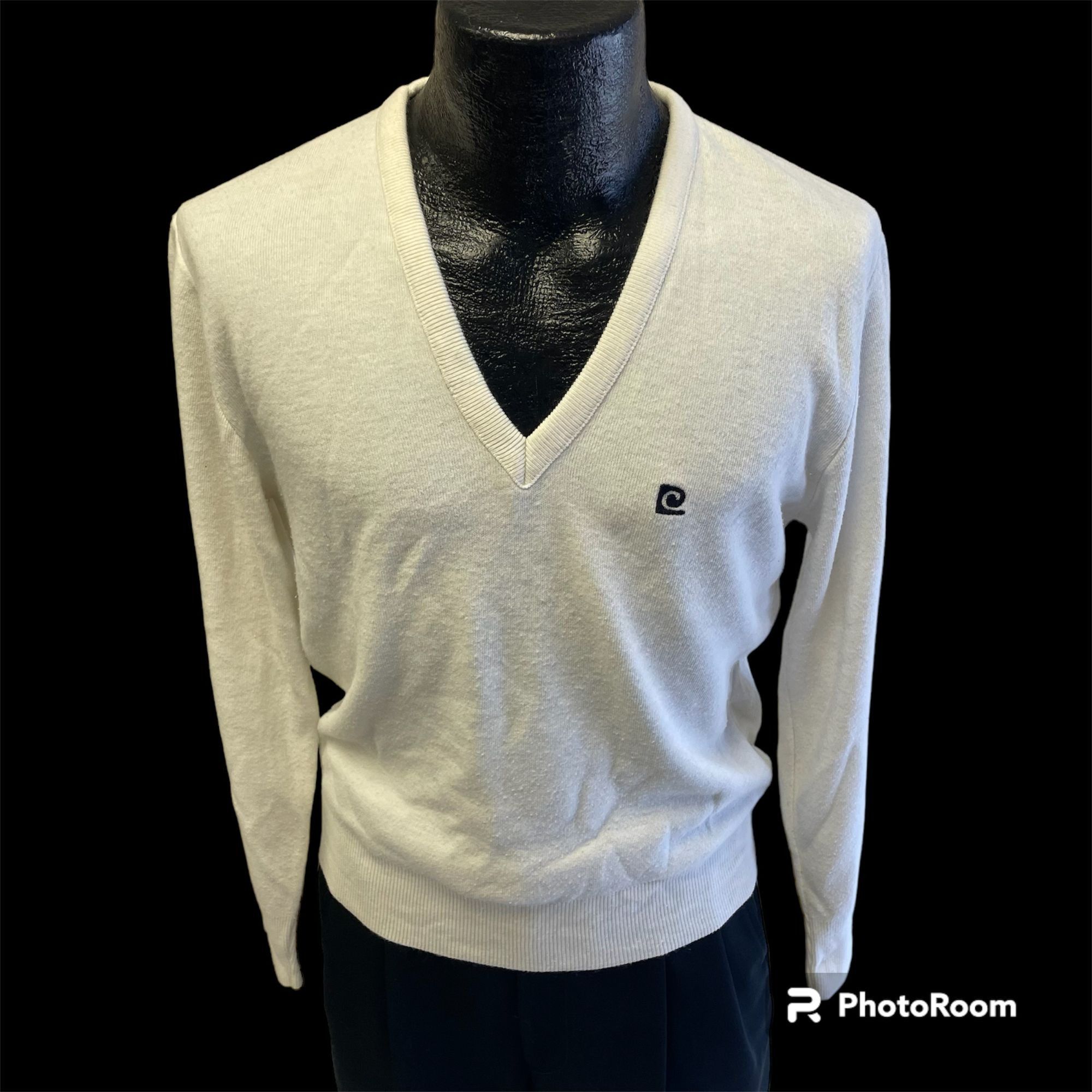 image of 70's Pierre Cardin Paris V Neck Pullover Logo Sweater Shirt in White, Men's (Size Large)