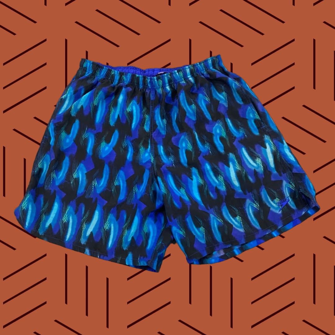 Speedo Speedo Men's Bottom Trunks 7" Lined Blue Geometric Beach Short 90s Size US 31 - 1 Thumbnail