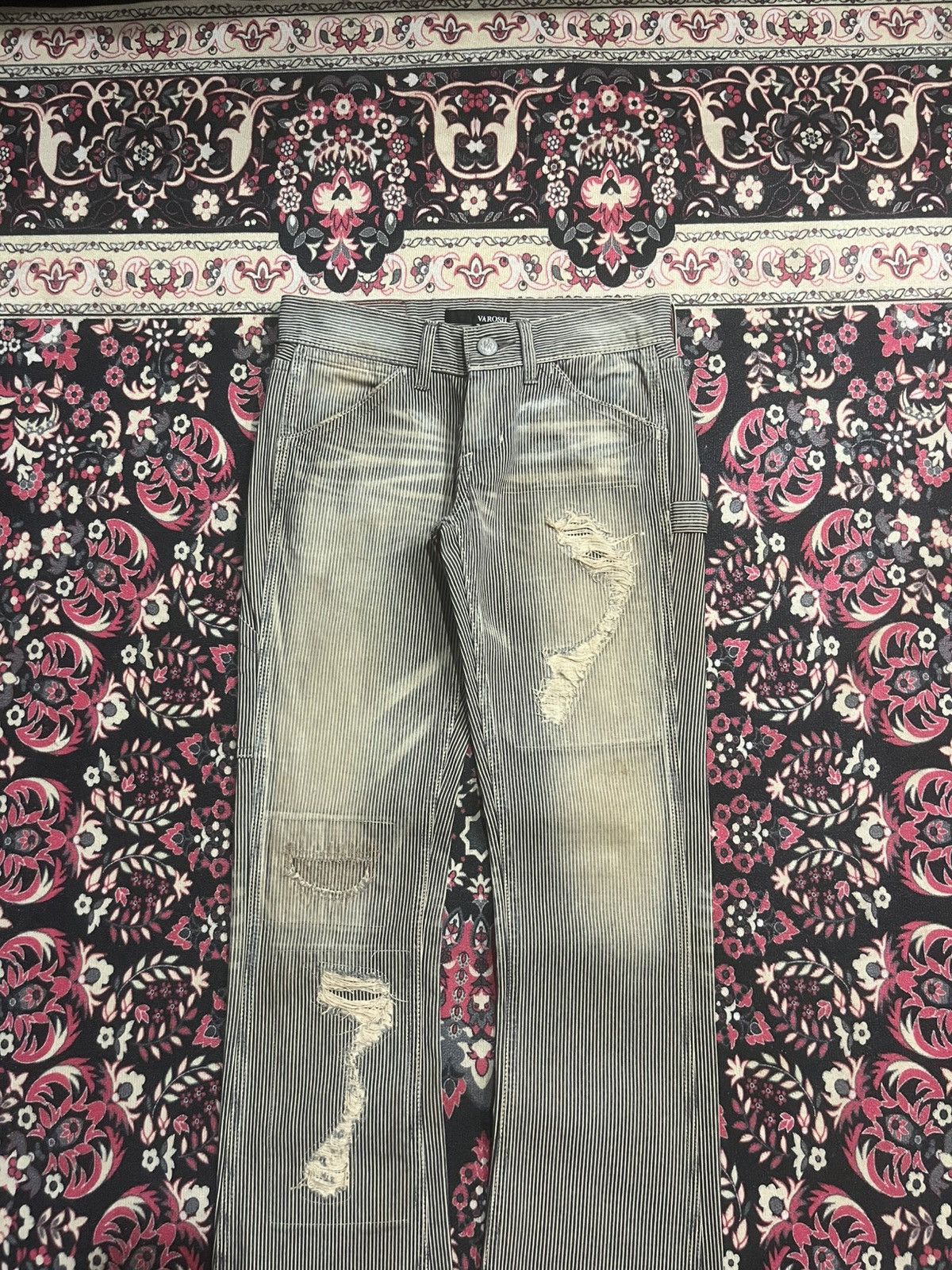 Japanese Brand American Varosh Pinstripe Double Knee Ripped Flared Jeans Size 28" / US 6 / IT 42 - 3 Thumbnail