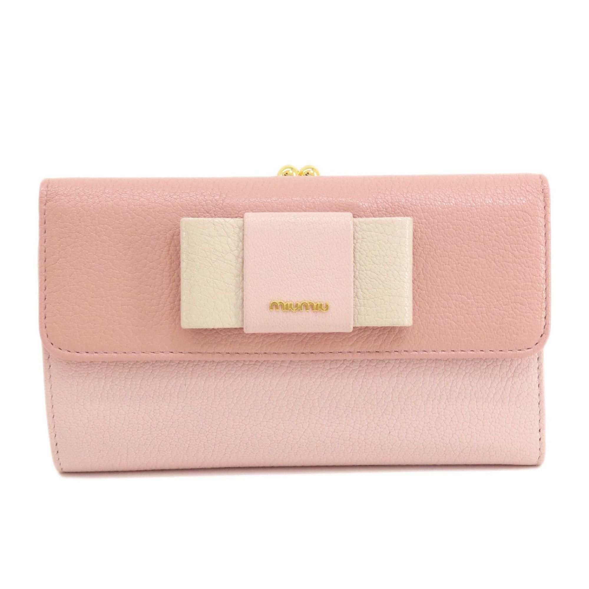 image of Miu Miu Miu Ribbon Motif Bi-Fold Wallet Leather Women's Miumiu in Pink