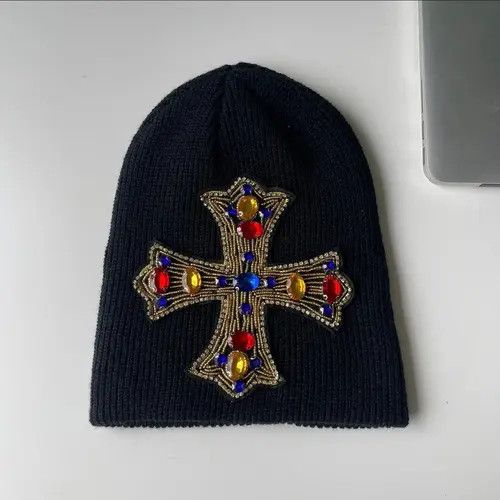 Japanese Brand Outdoor retro huge rhinestone cross knitted beanie hat Size ONE SIZE - 1 Thumbnail